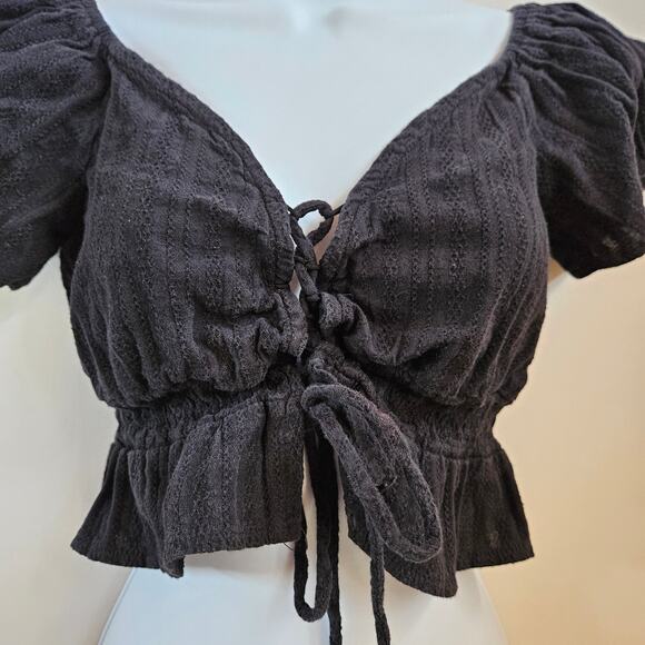 Polly Black Crop Tie Front Top Size 4 Flutter Sleeve Festival Concert Milk Maid - Picture 2 of 9